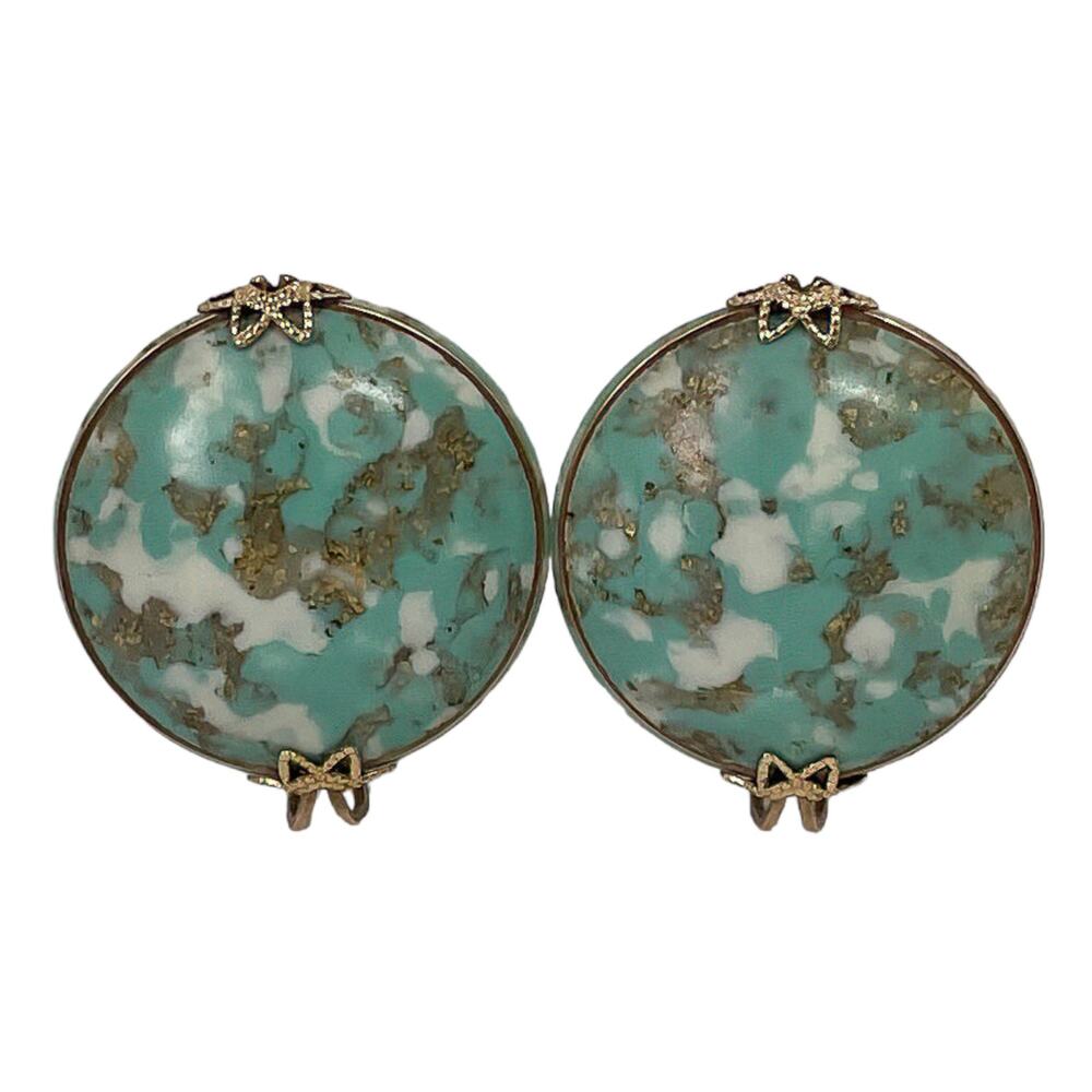 50s Castlecraft Robin Egg Blue White Gold Speckled Glass Ear Slide Clip Earrings